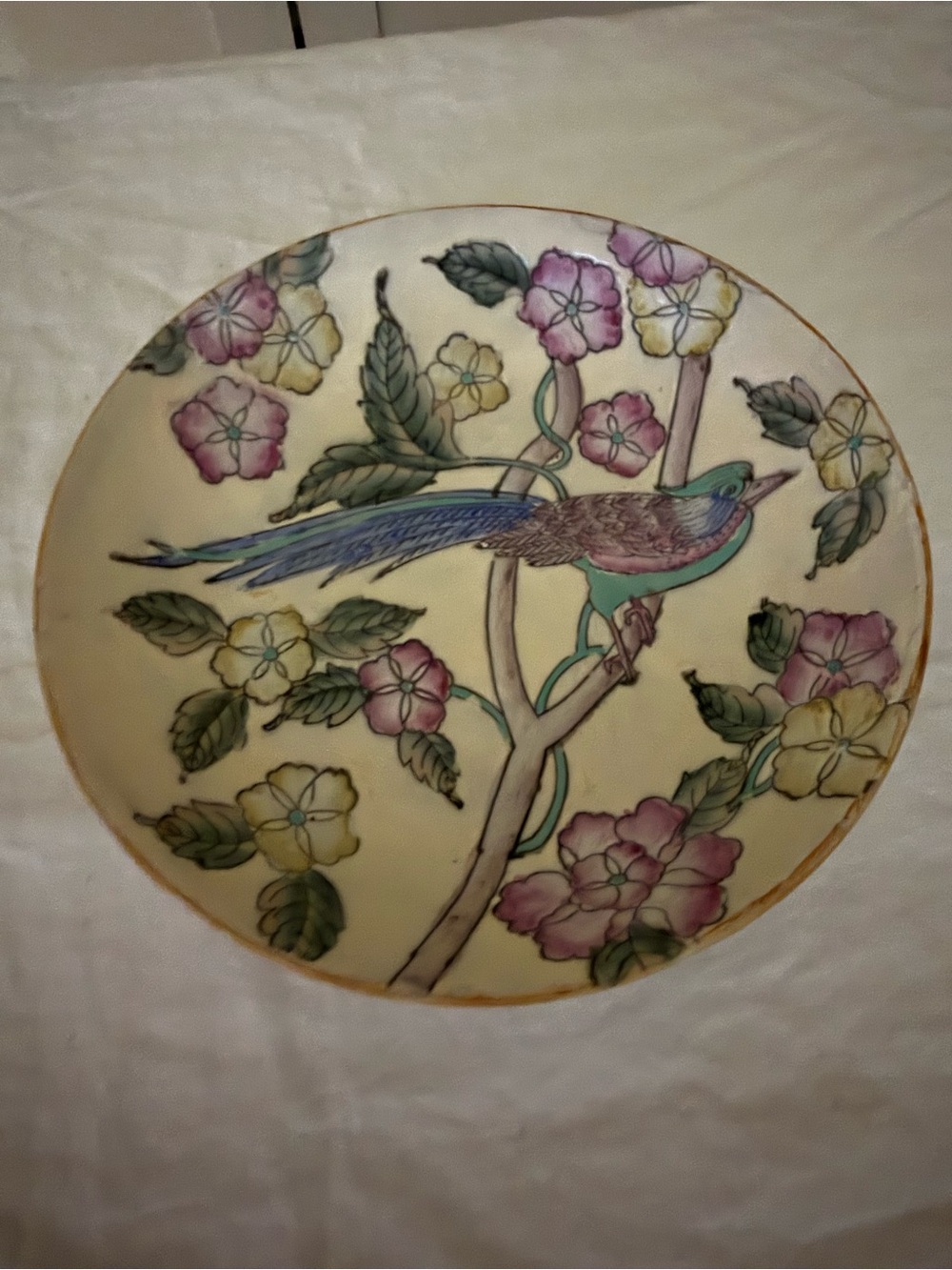 Hand-Painted Cream Ceramic Plate with Bird & Floral Motif